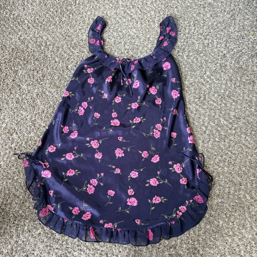 VTG Cinema Etoile Blue Pink Floral Satin Babydoll Lingerie Slip Dress Y2K 90s M